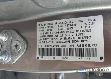 2009 Honda Accord 2.4 Lx-P из США, поврежденный, VIN 1HGCP26429A010181